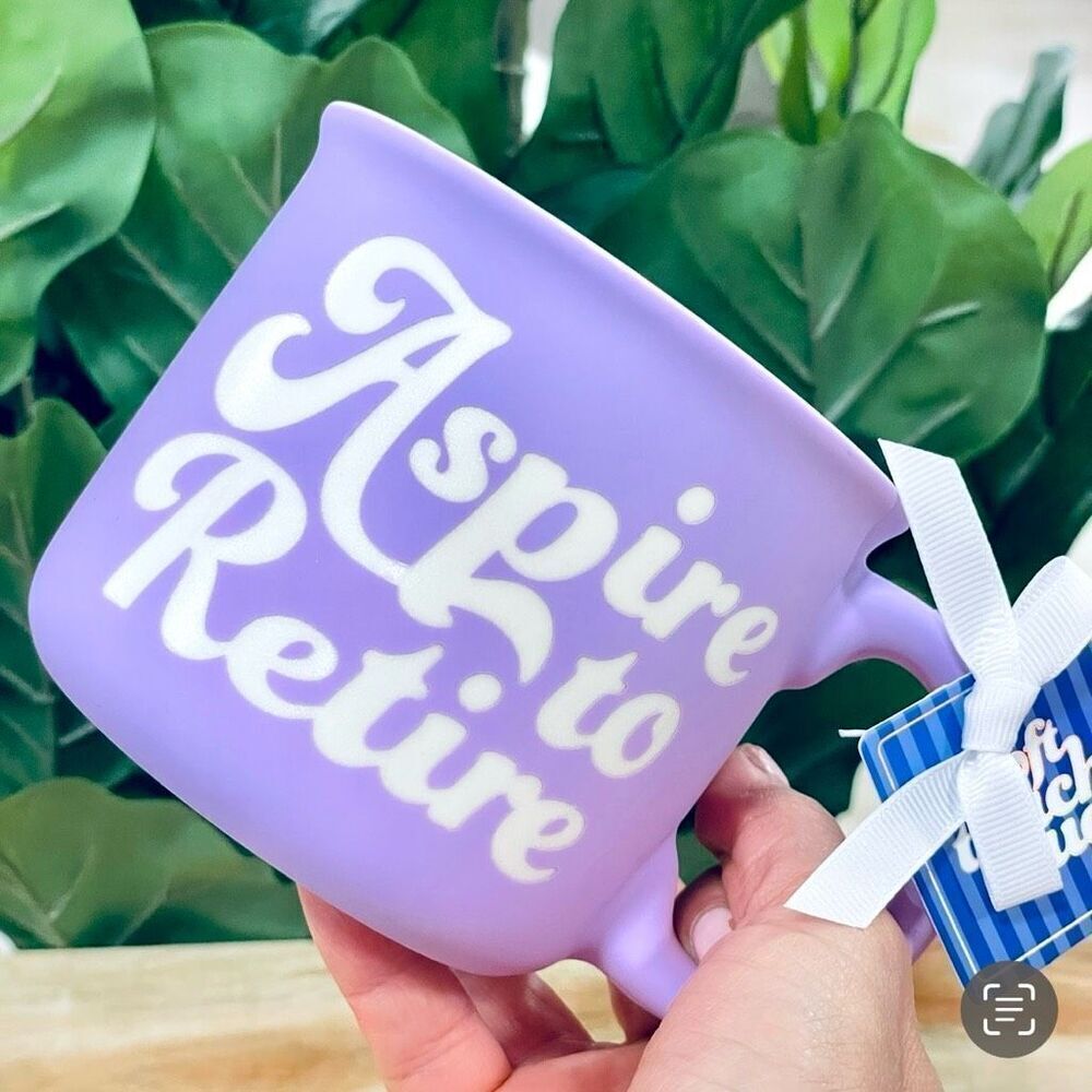 NWT Gorgeous Sunday Morning Ceramics Purple Aspire to Retire Soft Touch Mug